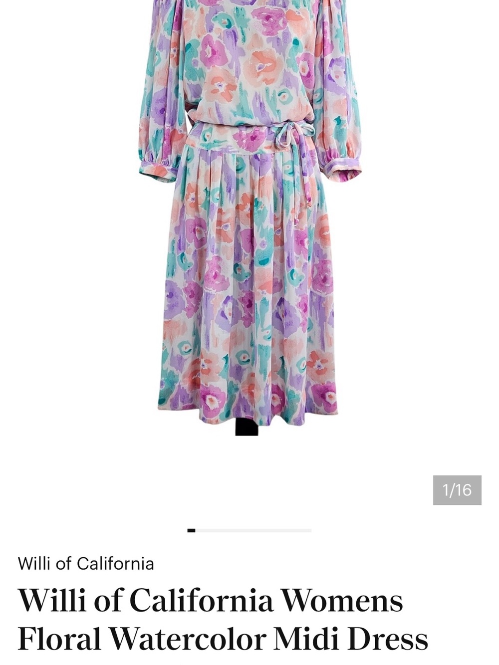 Willi of California Womens Floral Watercolor Midi Dress Belted 10 Vintage 80s - Picture 7 of 12